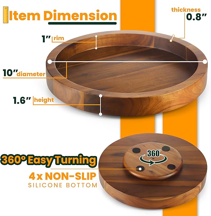 TIDITA 10" Acacia Wood Lazy Susan Organizer for Cabinet - Round Lazy Susans Turntable for Countertop - Wooden Kitchen Rotating Storage Food Bin Container for Centerpiece Table, Spices, Pantry