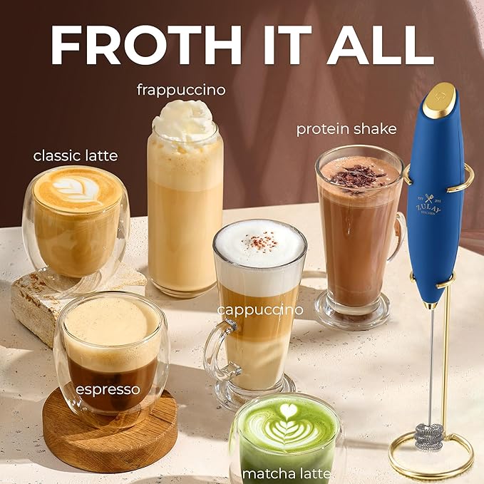 Zulay Kitchen Powerful Milk Frother Wand With Duracell Batteries - Ultra Fast Handheld Drink Mixer - Electric Whisk Foam Maker for Coffee, Lattes, Cappuccino & Matcha - Triple Whisk - Prussian Gold