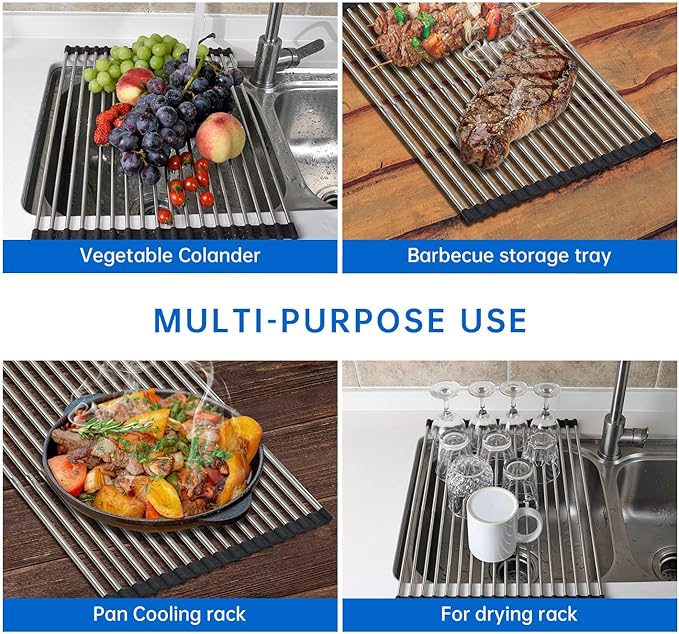 Expandable Roll Up Dish Drying Rack Over The Sink Rack, Large Dish Drainer Rack for Stainless Steel Sinks, Non-Slip Silicone Collapsible Rack 18 Tube for Kitchen,Sliver