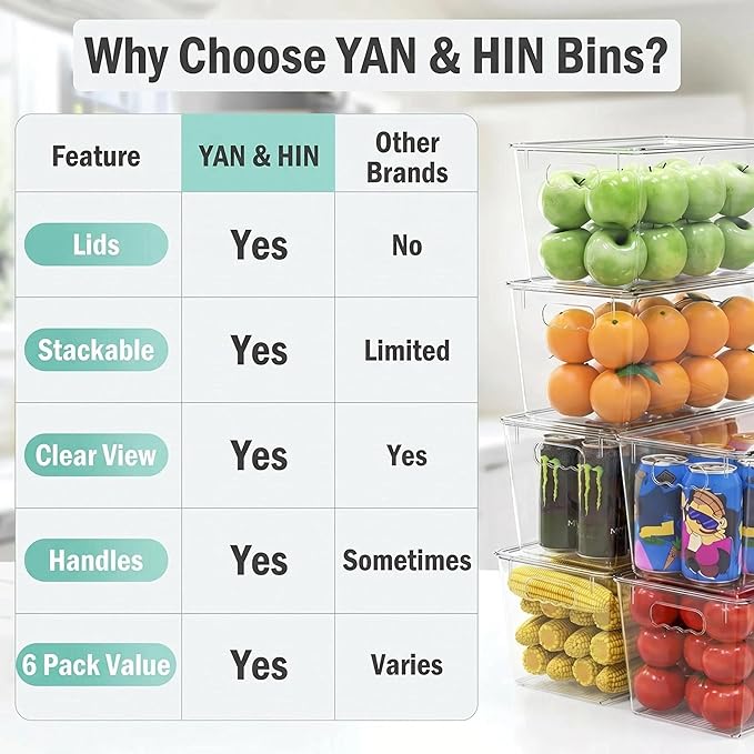 YAN & HIN 6 Pack Clear Storage Bins with Lids, Stackable Plastic Organizer Bins with Handles, Pantry Organizers and Storage for Kitchen Cabinet, Fridge, Bathroom, Closet and Shelf Organization