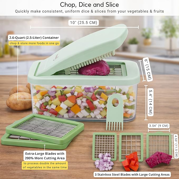 Brieftons QuickPush Food Chopper: Vegetable Dicer Slicer, Onion Cutter, 3 Extra-Large Blades with 200% More Cutting Area to Chop Dice Slice Vegetables, 2.6-Quart Container
