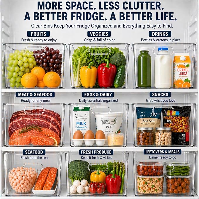 MOONEDGE 4 Pack Open Clear Plastic Storage Bins 11"x8"x6" Stackable Organizer Containers with Handle for Kitchen, Pantry, Fridge, Bathroom,Cabinet,Closet Storage