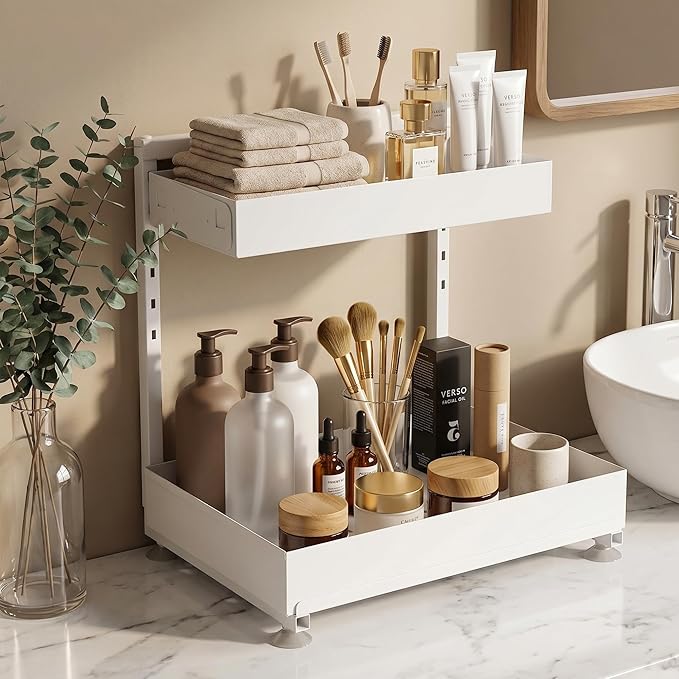 Under Sink Organizer, Kitchen & Bathroom Storage with L-Shaped Design Fits Around Pipes, 2-Tier Slide-Out Metal Drawer, Adjustable Height for Cabinet Laundry Organization (Cream White)