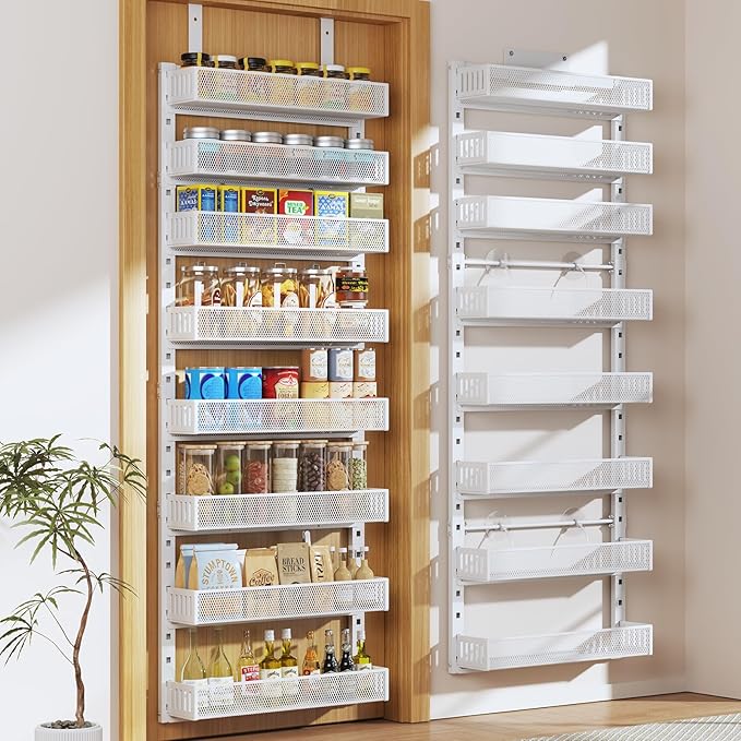 Pantry Door Organizers and Storage,8-Tier Large Wide Metal Heavy-Duty Frame Over the Door Spice Rack, 2 in 1 Wall-Mounted or Hanging shelf for Kitchen, Bathroom, Laundry Room, Bedroom, Closet &Nursery