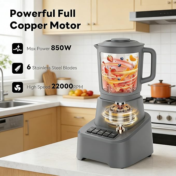 Simple Deluxe Blender for Smoothies, 850W Powerful Countertop Blender for Kitchen, 54oz Large Glass Pitcher, 4 Speeds with Pulse for Ice Crushing, Frozen Fruits, Juicers, Dishwasher Safe, Gray