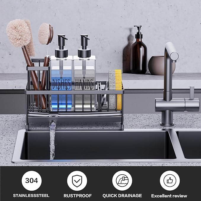 Cisily Kitchen Soap Dispenser Set with Sink Caddy, Glass Bottle, Hand and Dish Soap Dispenser Set with Sponge Holder (Clear Bottles + Black Sponge Holder)