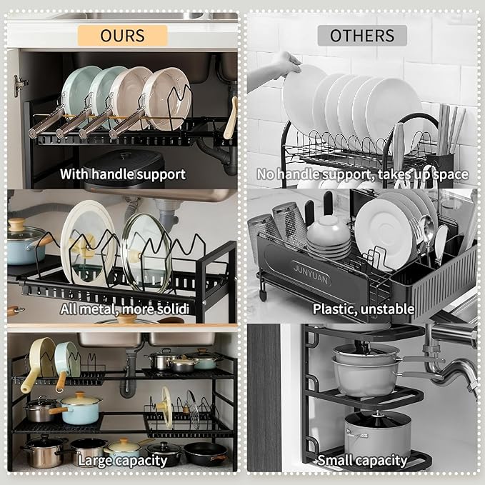 Pots and Pans Organizer Under Cabinet, Expandable Pots Organizers Inside Cabinet, Adjustable Height Under Sink Shelf 2 Tier with 10 Dividers Under Cabinet Shelf, Pot and Pan Lid Holder Rack (Black)