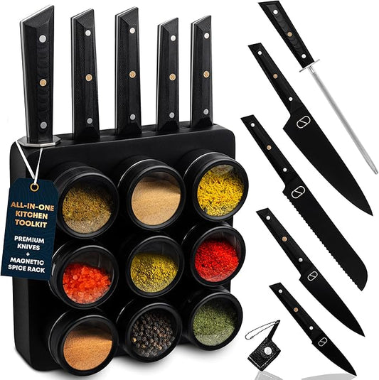 3-in-1 Magnetic Knife Block & Spice Rack Bundle - Ultra Sharp 60 HRC Chef Knife Set, Black Titanium Blades, 9 Spice Tins, Wall Mount Holder - All-in-One Kitchen Organizer + Mini Knife