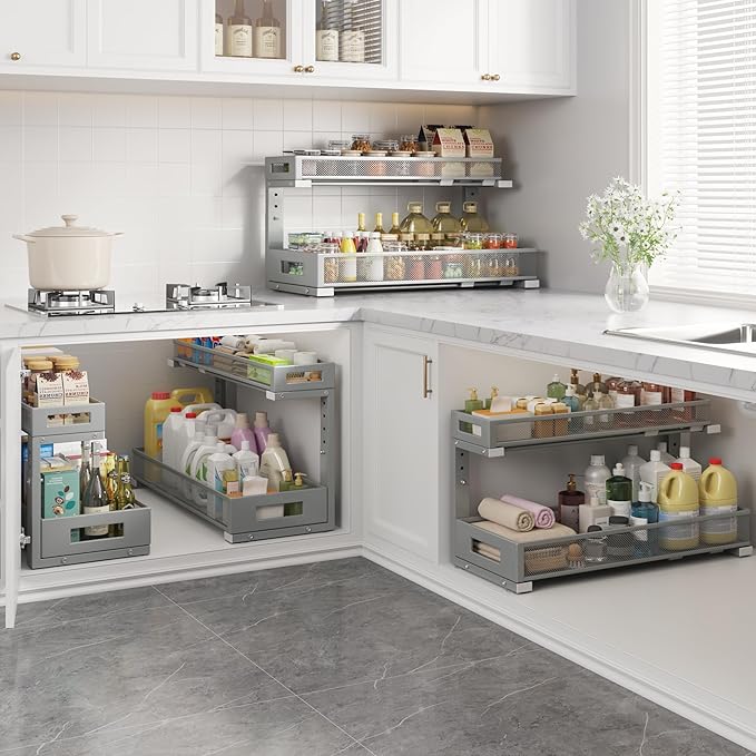 2 Pack 20.47IN Depth Under Sink Storage Organizer, Large 2-Tier Elegant Mesh Pull Out Shelf for Kitchen and Bathroom Cabinet Organization