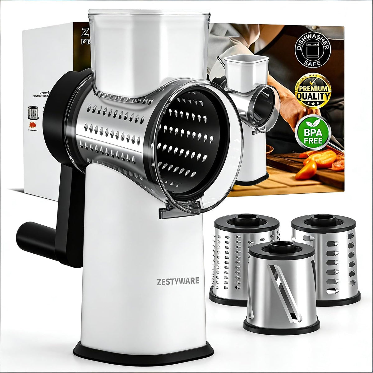 Rotary Cheese Grater Hand Crank with Foldable Handle, Three Blades