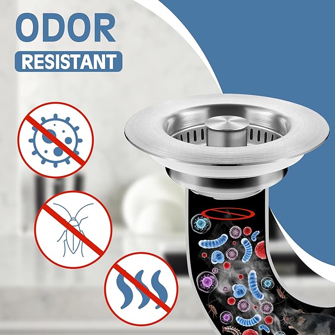 Sink Drain Strainer 3 in 1, 304 Stainless Steel Pop Up Kitchen Sink Stopper with Anti-Clogging Basket, Kitchen Essential Drain Anti-Clog Gadgets, Fits US Standard 3-1/2'' Sink Drain (SUS 304 Brushed)