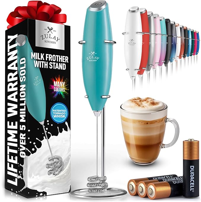 Zulay Kitchen Powerful Milk Frother Wand With Duracell Batteries - Ultra Fast Handheld Drink Mixer - Electric Whisk Foam Maker for Coffee, Lattes, Cappuccino & Matcha - Triple Whisk - Queen Turquoise