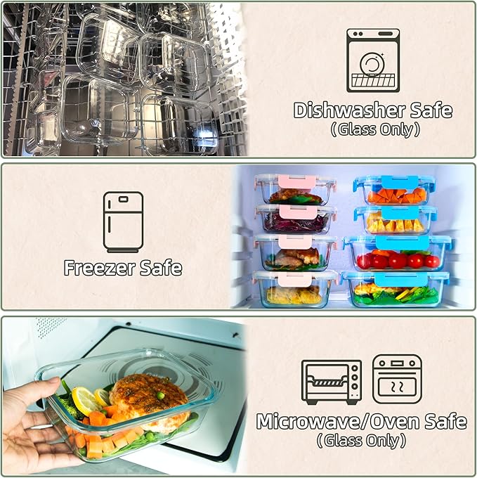 UMEIED 10 PACK Glass Food Storage Containers with Leak Proof Lids, Glass Airtight Meal Prep Containers Set for Lunch, On the Go, Leftover, Kitchen Pantry Organizers and Storage (Multicolor)