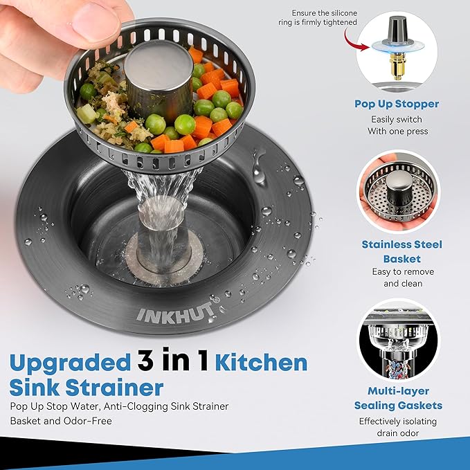 Upgraded 3 in 1 Kitchen Sink Drain Strainer - Stainless Steel Sink Stopper, Anti-Clogging Food Catcher Basket, Sink Bounce Core Drain Strainer Plug for US Standard 3 1/2 inch Drain (Dark Grey)