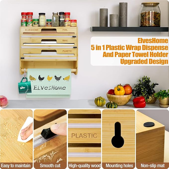 5 in 1 Foil and Plastic Wrap Organizer with Cutter, Plastic Wrap Food Dispenser with Paper Towel Holder for 12 inch Roll Wax Paper Parchment, Wall Mount Aluminum Foil Dispenser for Kitchen Storage