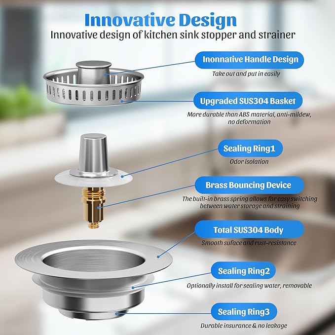 NinjaTiger Kitchen Sink Drain Strainer - Stainless Steel Sink Stopper 3-in-1 Pop-Up Sink Strainer with Anti-Clogging Basket Odor Filter Sink Drain Cover Plug for US Standard 3-1/2'' | Silver-1 Pack