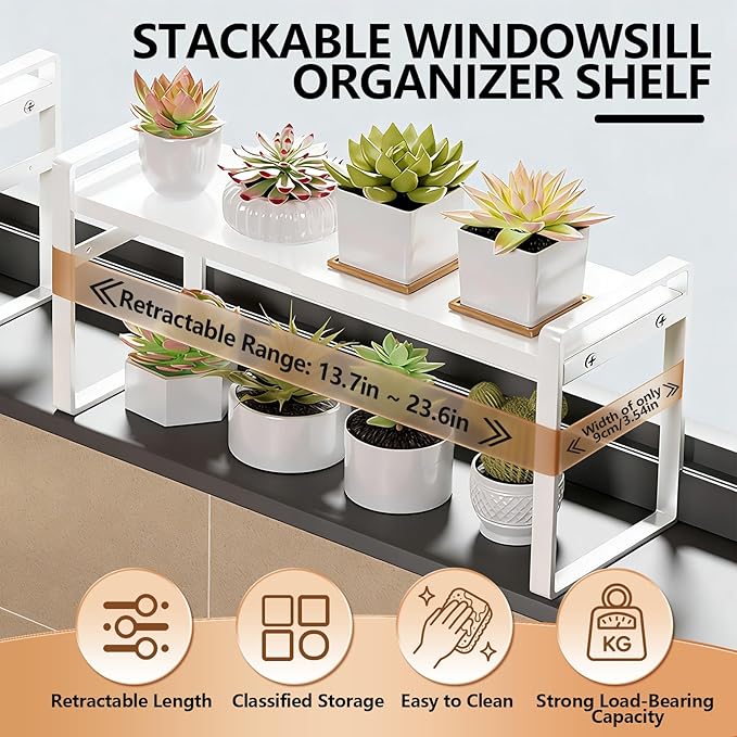Retractable Over The Sink Shelf - Carbon Steel Window Sill Plant Shelves, Kitchen Counter Shelf for Plants & Storage Organization Accessories (White)