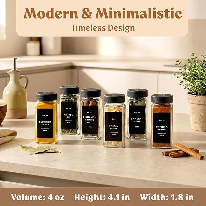 EDELHAUS Glass Spice Jars with Labels (24 x 4oz) Spice Containers with 240 Labels, Shaker Inserts, Funnel, Empty Square Empty Square Seasoning Organizer (Black Lids)