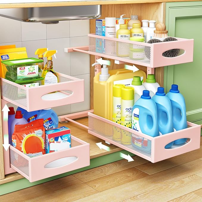 Under Sink Organizer, 2 Tier Pull out Cabinet Organizer Baskets with Mesh Sliding Drawers, Slide out Storage Shelf for Home, Kitchen, Bathroom, Pantry, Office Cabinet(1 Pack, Pink)