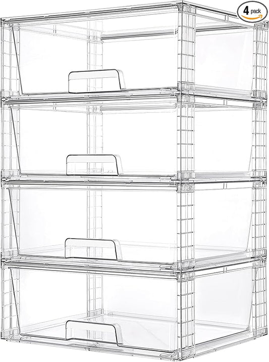 Vtopmart 4 Pack Large Stackable Storage Drawers,Easily Assemble Clear Acrylic Bathroom Closet Undersink Organizers,Plastic Storage Bins for Cabinet,Kitchen Pantry,Medicine Organization