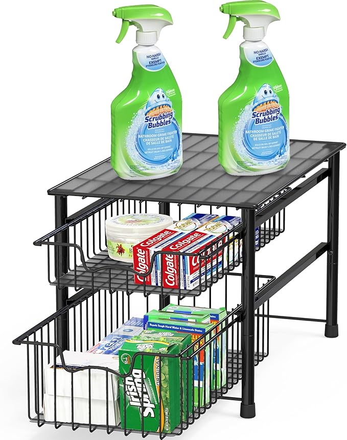 Simple Houseware Stackable Sliding Basket Organizer Drawer, Black, 2-Tier