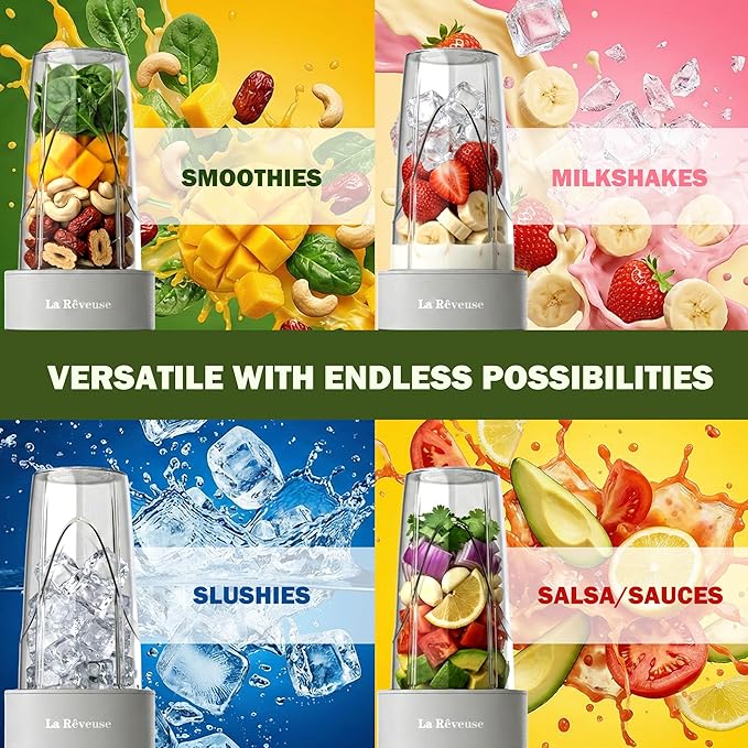 La Reveuse Smoothie Blender for Shakes,Smoothies,Frozen Blending,Salsa,Sauces,Dips,(1) 24oz Cup,(1) Spout Lid,(1) Handled Comfort Lip Ring,1000W,Cool Gray