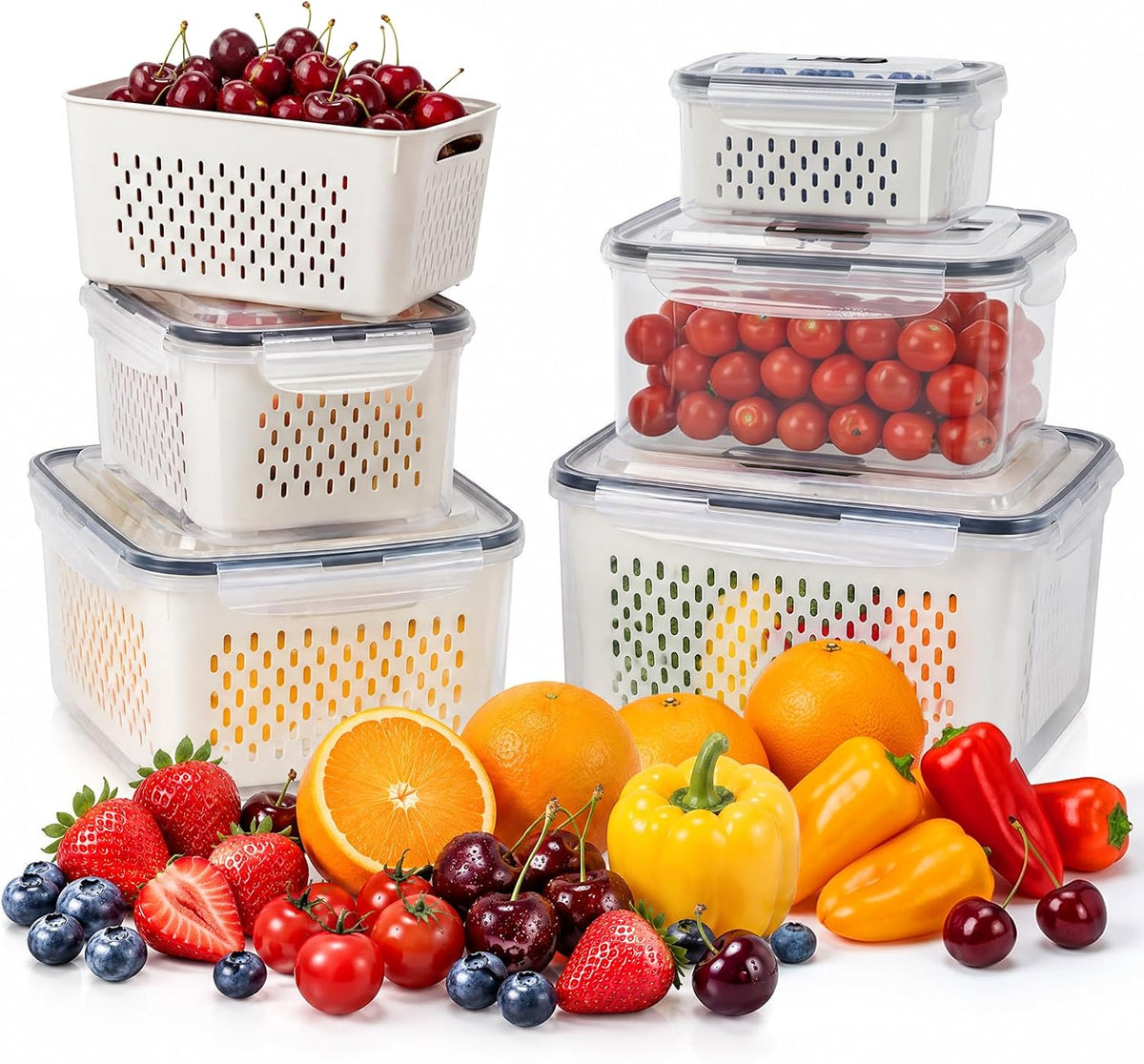 5 PCS Fruit Storage Containers for Fridge with Removable Colander