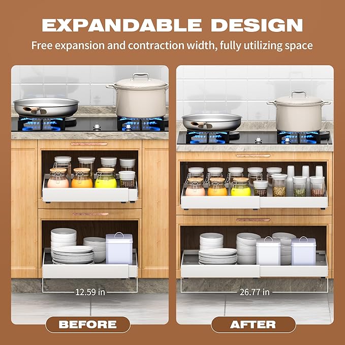 2 Pack Pull Out Cabinet Organizer Expandable,Adjustable 12-21 Inch Width Slide Out Drawer Shelves,Painted Carbon Steel with Heightening Pad,No Drill,for Kitchen/Bathroom/Pantry/Under Sink/Laundry Room