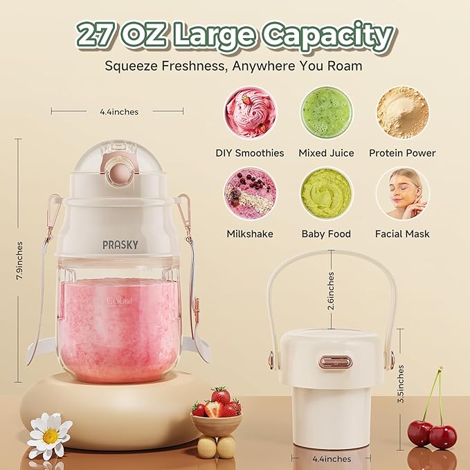 Portable Blender, Prasky Personal Blenders for Shakes and Smoothies with 27oz Cup, Lid and Shoulder Strap,Type-C USB Rechargeable, Personal Size Blenders BPA-free for Gym/Travel/Kitchen（White）