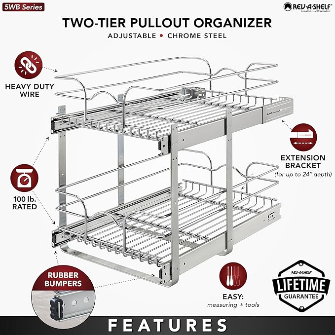 Rev-A-Shelf 2-Tier Pullout Shelf and Drawer Organizer for Kitchen Cabinets, Slide Out Storage Basket, Min Opening Width of 14.5", 15" x 22", 5WB2-1522CR-1