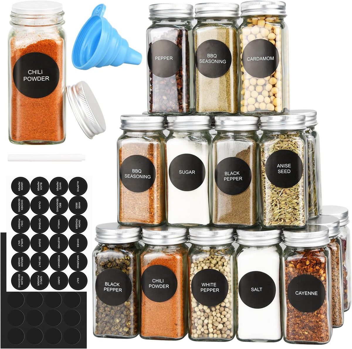 24pcs Glass Spice Jars, 4oz Empty Spice Jars with Metal Caps, Labels, Shaker Lids, Collapsible Funnel, Chalk Pen, Seasoning Organizer for Spice Rack