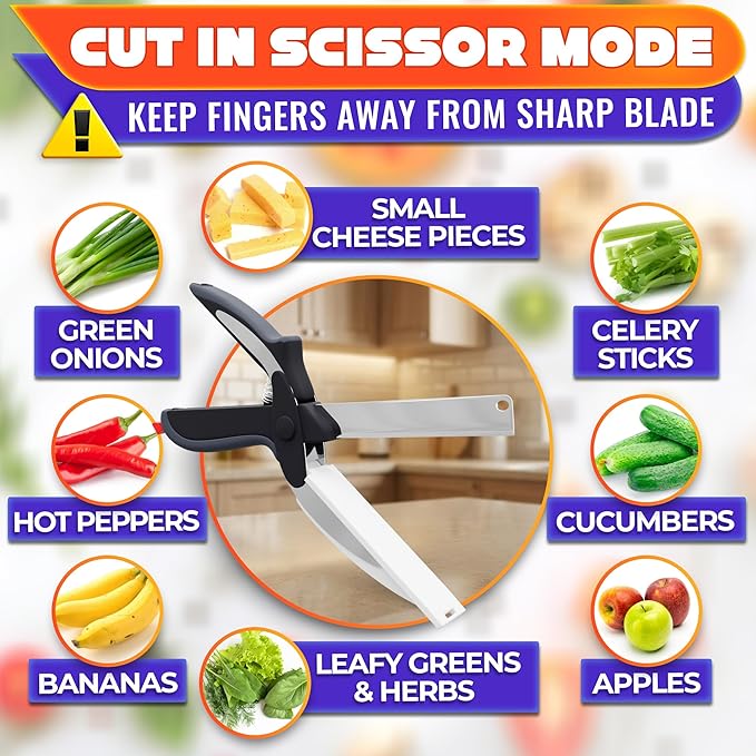 2 in 1 Kitchen Scissors for Food – Stainless Steel 9.5" Tomato Knife Chops Vegetables, Fruit, Cheese, Meat in Seconds | Dishwasher Safe Cutting Board Scissors with Safety Lock – Kitchen Gift for Dad
