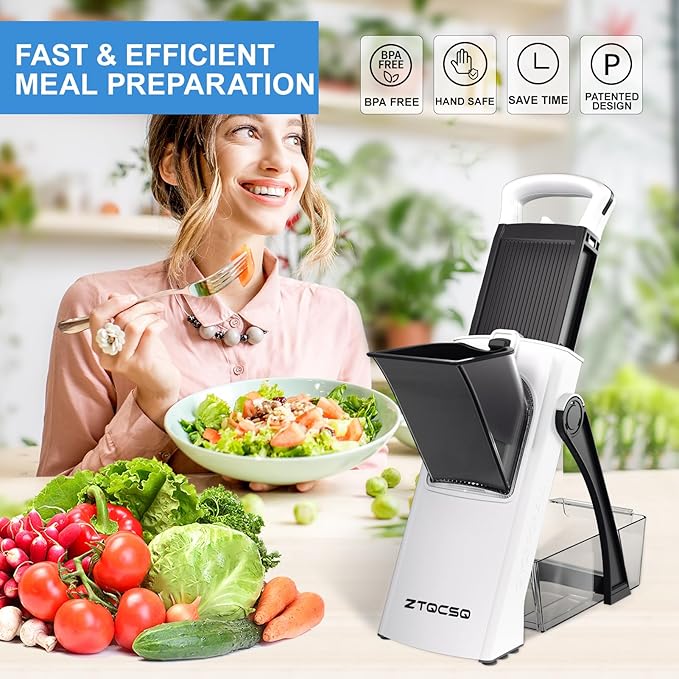 [All in 1] Upgraded Version Safe Mandoline Slicer for Kitchen, Adjustable Thickness. Veggie Slicer, Rapid Prep Mandoline, Detachable Blade, Cleaning Brush (WhiteBlack)