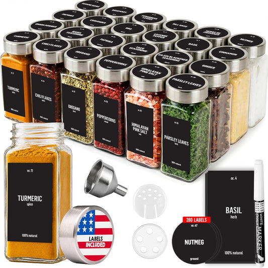 Glass Spice Jars with Label 24x4oz - Spice Containers +280 Labels