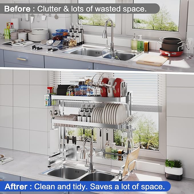 LIVOD Over The Sink Dish Drying Rack,3 Tier Adjustable Length Full Stainless Steel Large Storage Kitchen Dish Rack,for Kitchen Counter Expandable Multifunctional Organizers,Silver (25.98-37.6")