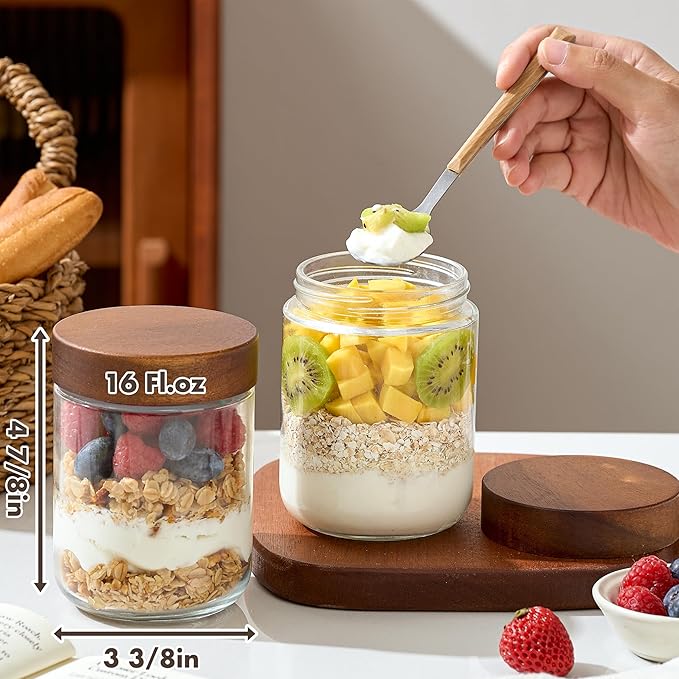 Danmu 16 oz Overnight Oats Containers with Lids,Salad Jar,Glass Jar with Wooden Lid 6 Pack,Mason Jars 16 oz with Lids for Snack,Overnight Oats,Meal Prep,Yogurt,Parfait,Soup,Salad 100% Leak-proof