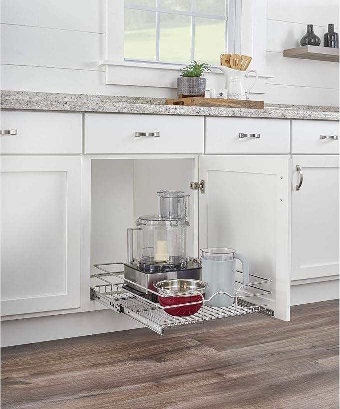 Rev-A-Shelf Steel Wire Pullout Drawer Organizer Shelf for Kitchen Cabinets, Slide Out Storage Basket, Min Opening Width of 14.5", 15" x 20", 5WB1-1520CR-1