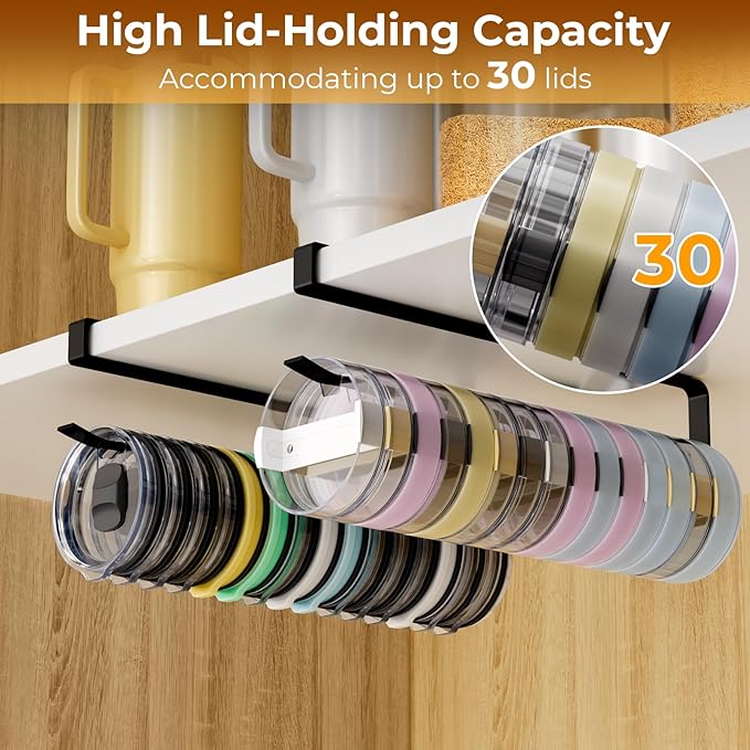 Quehun 2 PCS Tumbler Lid Organizers, Ample Lid Capacity Up to 30 Lids, No Adhesive No Drill Yeti Lid Organizer Holder Inside Cabinet, Space-Saving Stanley Tumbler Cup Lid Holder Organizer for Kitchen