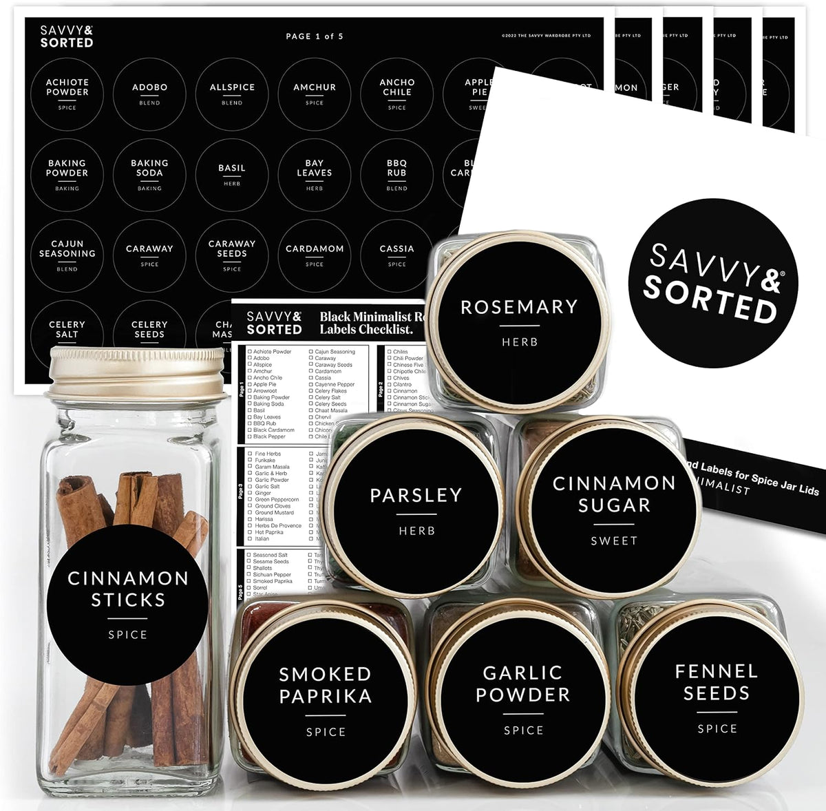 Spice Labels for Glass Jars, 202 Round Preprinted Waterproof Kitchen Spice Labels Stickers, Seasoning Organization Black Pantry Herbs Label for Top Lid, Chalkboard Labels for Spice Jars