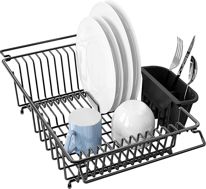 Simple Houseware Large Over Sink Counter Top Stainless Steel Dish Drainer Drying Rack with Utensil Holder, Black