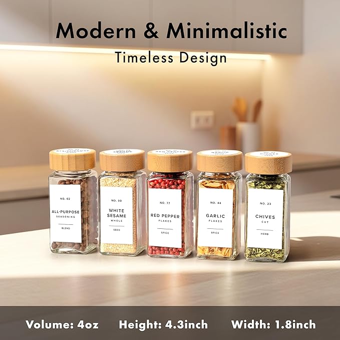 EDELHAUS® Square Spice Jars with Bamboo Wooden Lid (Pack of 36) Spice Jars with Shaker Insert and 240 Labels - Bamboo Lid Glass Container for Spice Organisation [4.3 in × 1.8 in]