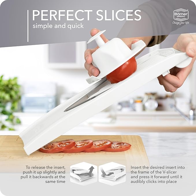 Börner Mandoline Slicer V1 (Professional Set) • V-Slicer with 4 Inserts, Fruit Holder, Docking Station, Box • Adjustable Vegetable Slicer • Cuts into Slices, Strips & Dices • Color: White