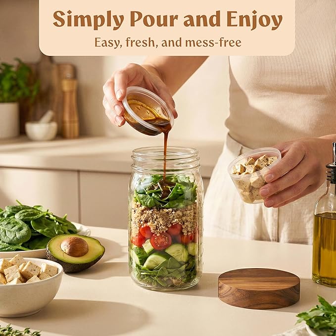EDELHAUS 4 Pack Glass Salad Jars with Wooden Lids for Meal Prep, Leakproof Container with Two Small Built in Cups for Wet/Dry Separation for Salad Dressing and Ingredients, 32oz Mason Jars (Acacia)