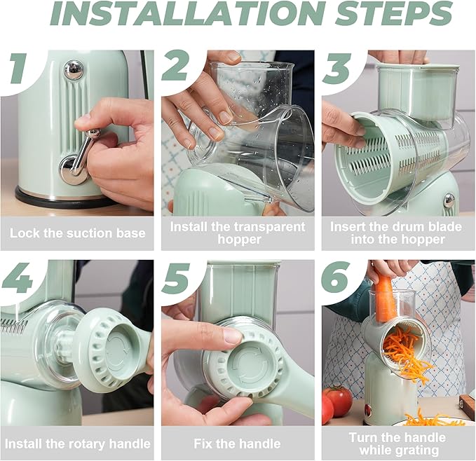Rotary Cheese Grater Manual Hand Crank with 5 Blades & Suction Base, Kitchen Vegetable Shredder Slicer for Veggie, Nuts, Fruit, Green