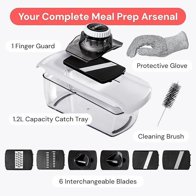 Fullstar Mandoline Slicer for Kitchen, Fruit Cutter, Cheese Grater, Cucumber Slicer, Veggie Spiralizer, Food Cutter & Kitchen Gadgets & Gifts with Safety Glove (6 in 1, Clear)