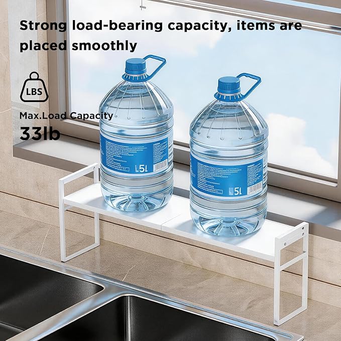 Expandable Narrow Shelf Organizer, Tall Countertop Organizer for Tight Spaces, Windowsill Plant Stand, Over-Sink/Faucet Shelf, Kitchen Counter Storage, Bathroom Vanity, Laundry Room (White)