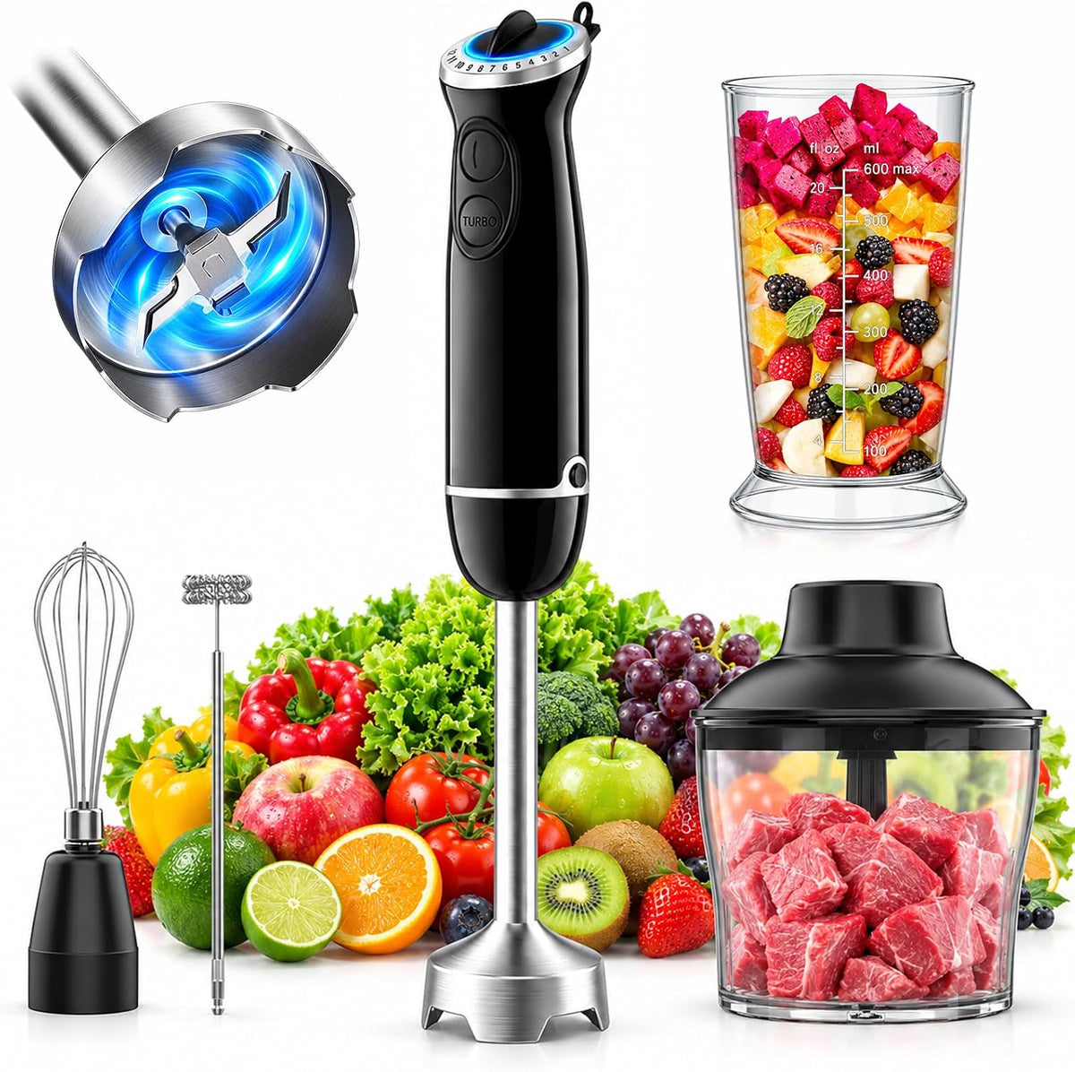 5-in-1 Immersion Blender Handheld 1000W, 12-Speed Hand Mixer, Black