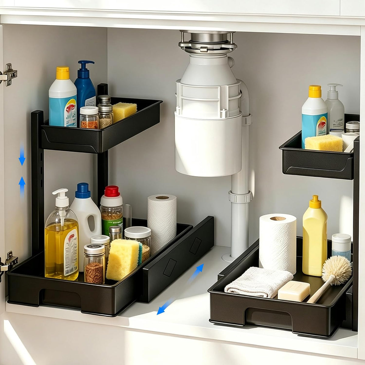 2 Pack Under Sink Organizer, L-Shaped 2 Tier Pull Out Cabinet Organizer
