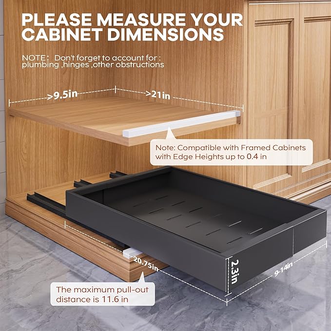 Seinloes 4 Pack Expandable (9"-14") Pull Out Cabinet Organizer 21" Deep With Raising Pad for Framed Cabinets,Upgrade 3 Slide Rails Slide Out Drawers,No Drill Roll Out Shelves Adhesive,Black