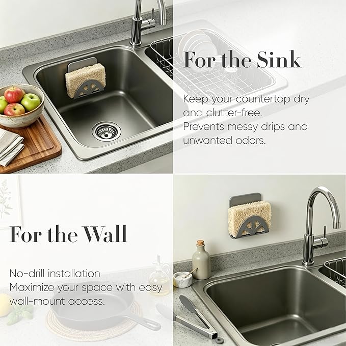 Flexible Sponge Holder for Kitchen Sink Adhesive - Bendable Silicone Sink Caddy 2 Pack, Metal Core Dish Scrubber Rack, Fold-Flat Organizer for Soap Brush Razor, Stone Wall Mount (Gray)